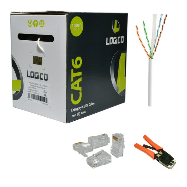 LOGICO Cat6 UTP Plenum CMP Cable 1000FT White 100 Piece Cat6 RJ45 Plugs Kit 